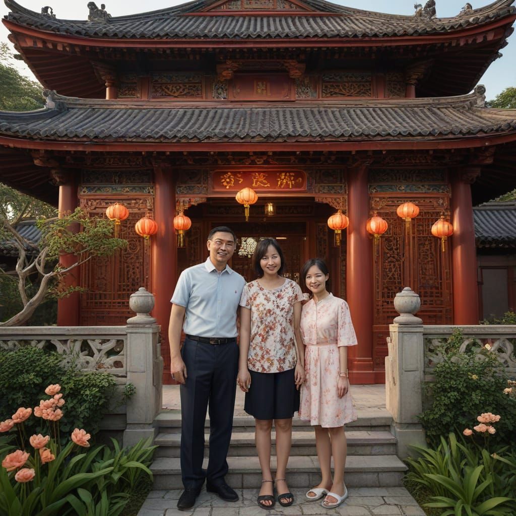 Traditional Chinese Family Surrounded by Divine Love Snake i...