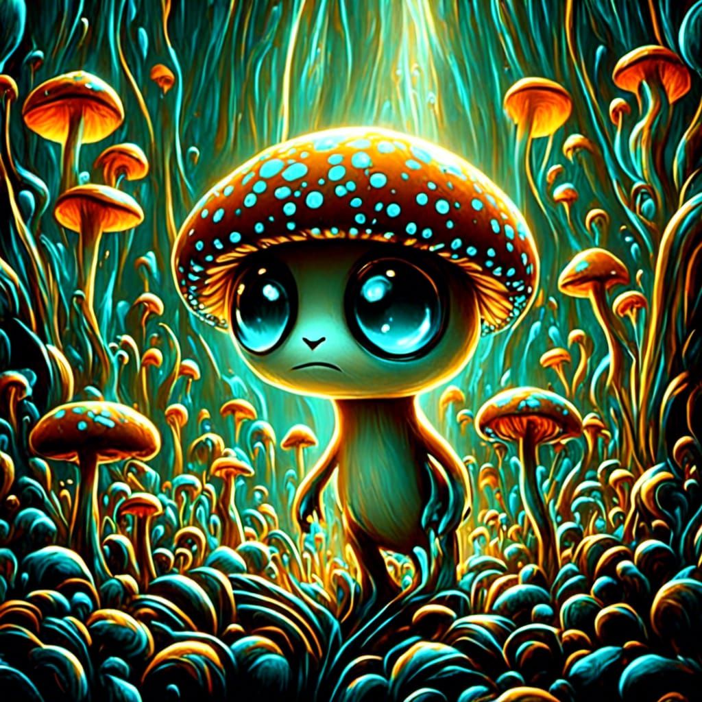 Big-Eyed Mushroom Creature in Fantasy World