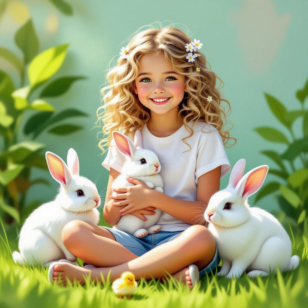Teenage Girl with Rabbits and Chick on Green Grass