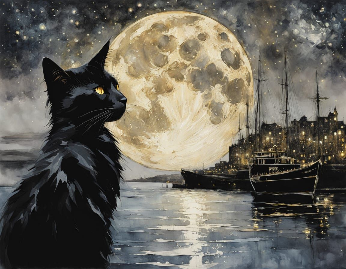 Black Cat Alcohol Ink Glasswork Under Moonlight