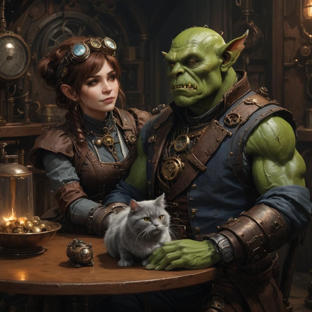 An orc couple pets their cat inside a steampunk house.