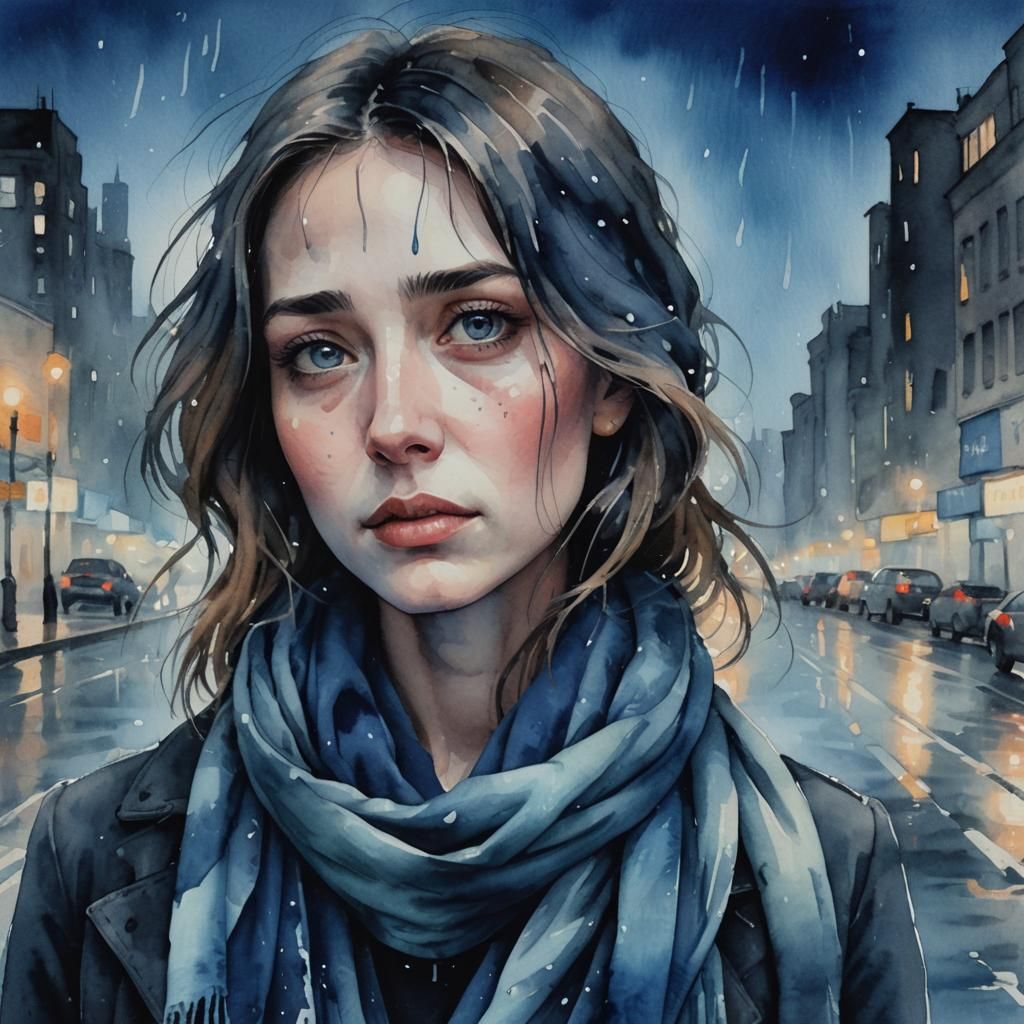 Melancholic Woman in Rainy Cityscape: Fauvist Expressionism