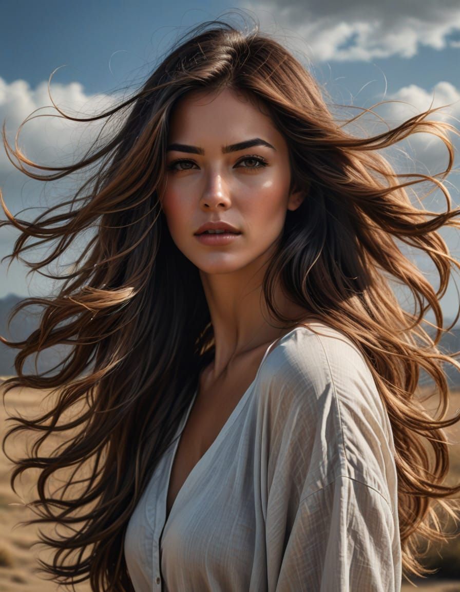 Wind-swept Woman in Turbulent Weather