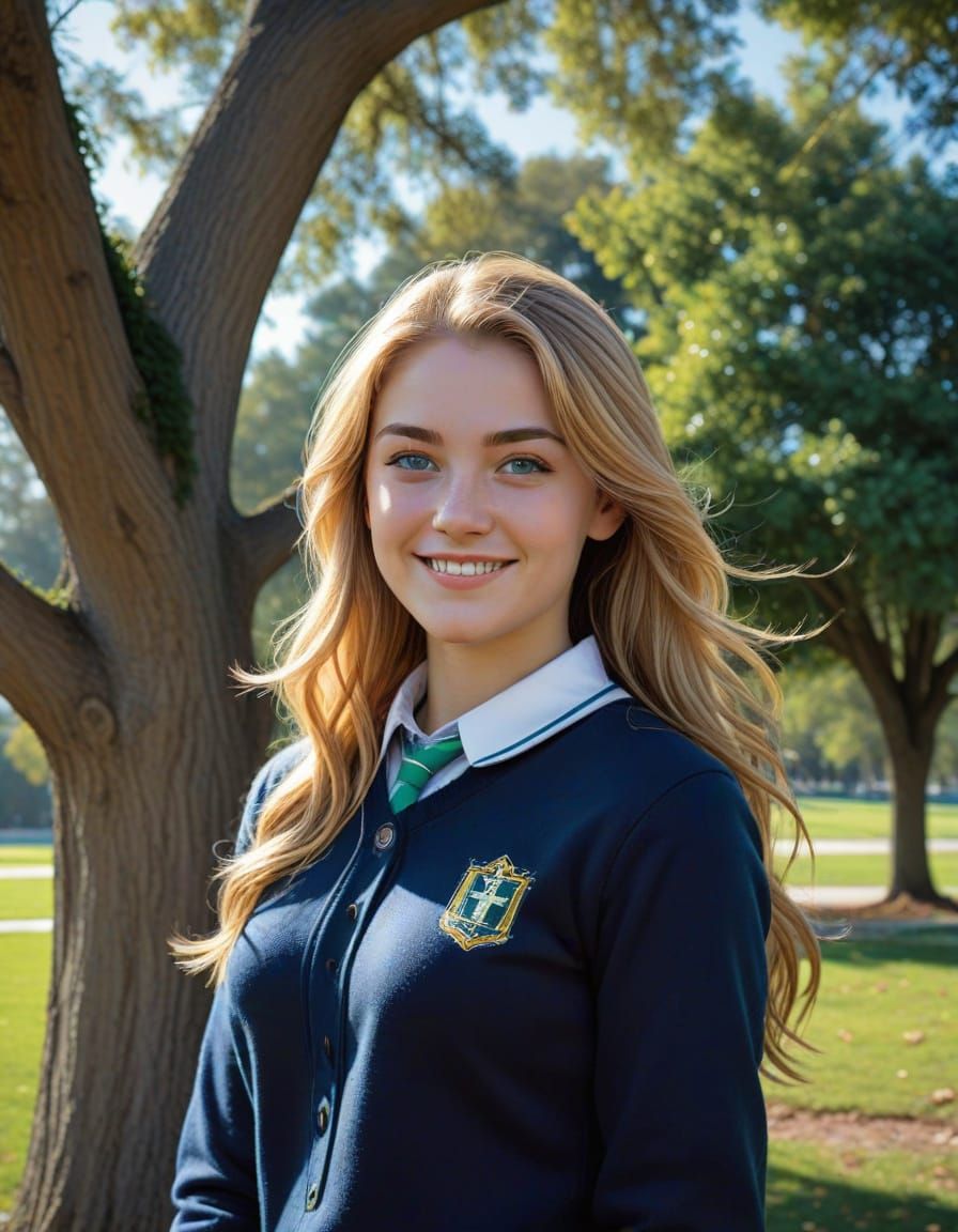 Teenage Girl in Catholic School Uniform Under Tree in a Comi...