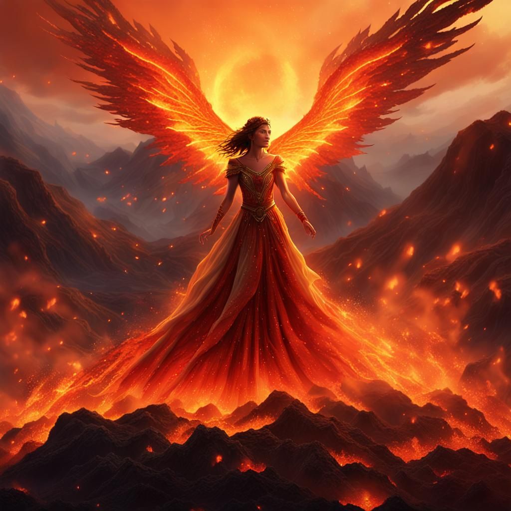 Fire Princess with Flame Wings in Volcano