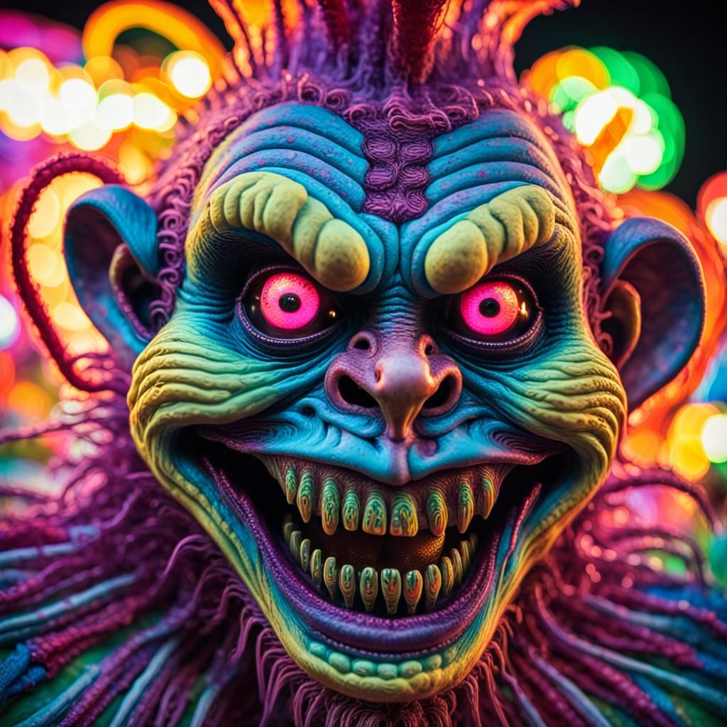 Fluorescent Clown Grin in Surreal Psychedelic Carnival