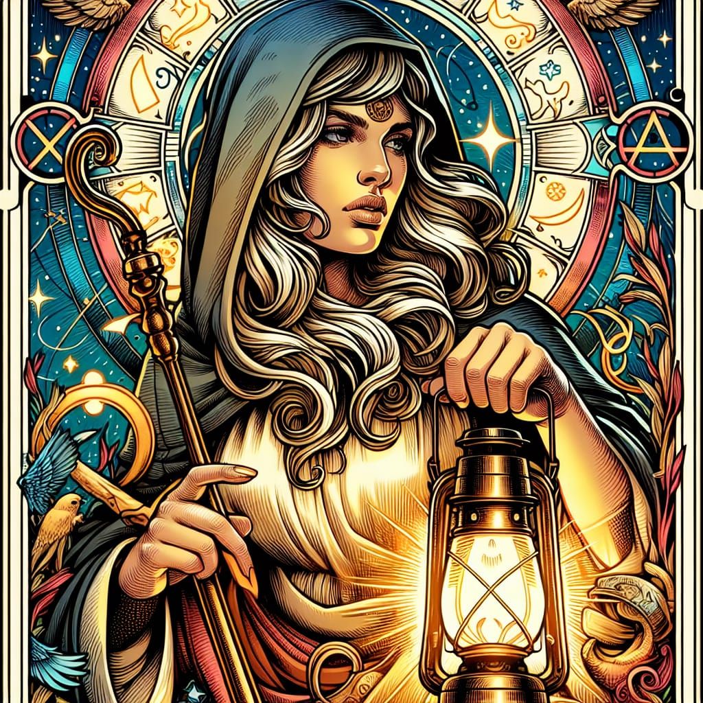 Virgo as Hermit in Comic Book Style Tarot Card
