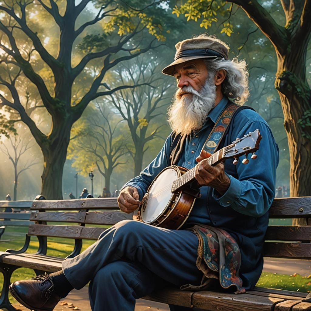 Banjo Player in London: Detailed Matte Painting