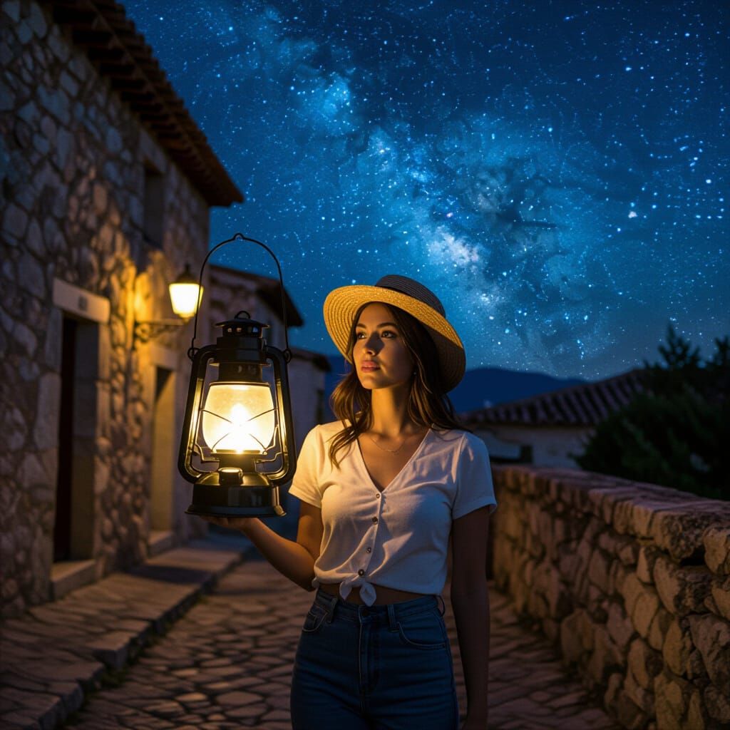 Blue-Eyed Woman with Lantern in Old Town