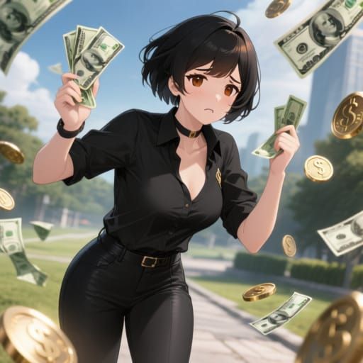 Woman Fails to Catch Flying Money in Anime Style
