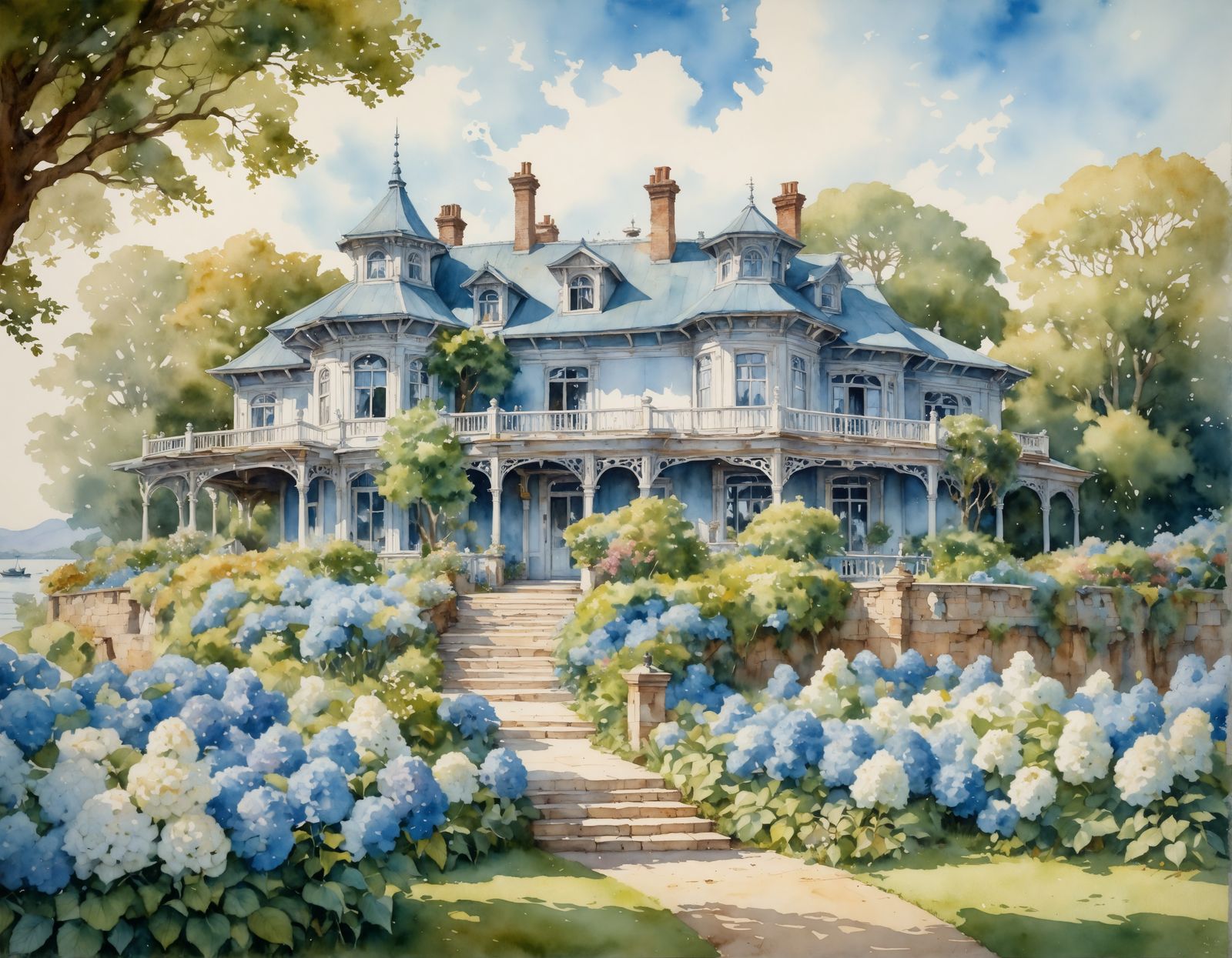 Blue villa watercolour version 3 landscape