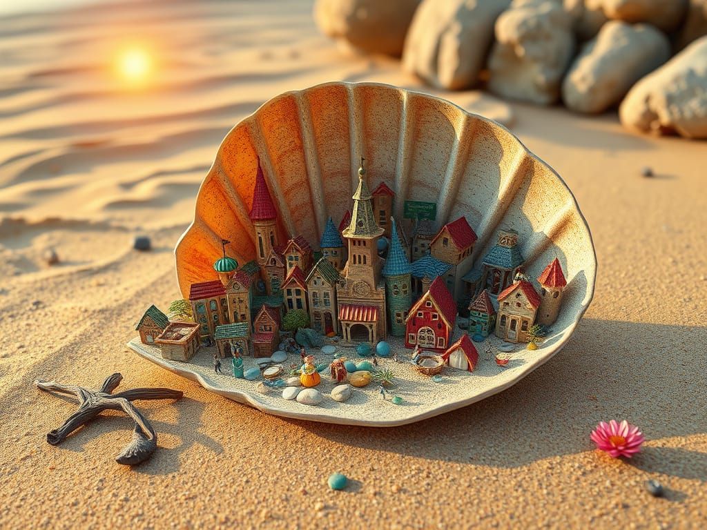 Miniature City in Seashell: Naive Folk Art