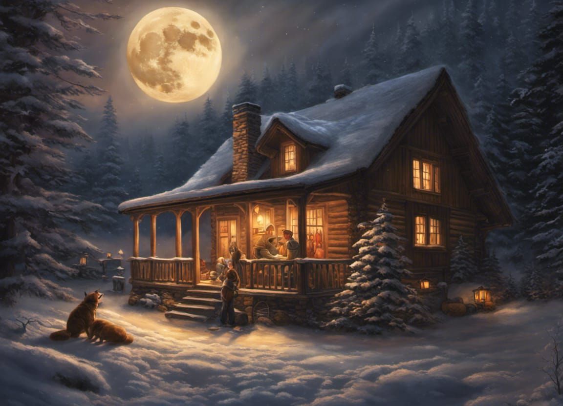 Boys Play on Chalet Porch Under Full Moon