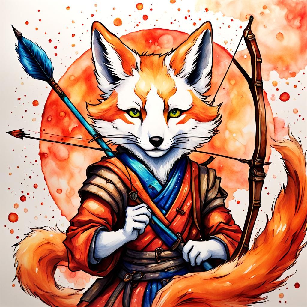 Kitsune Archer with Liquid Arrows in Alcohol Ink Style