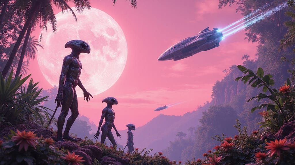 Alien Beings Gaze Up at a Vibrant Jungle Sky