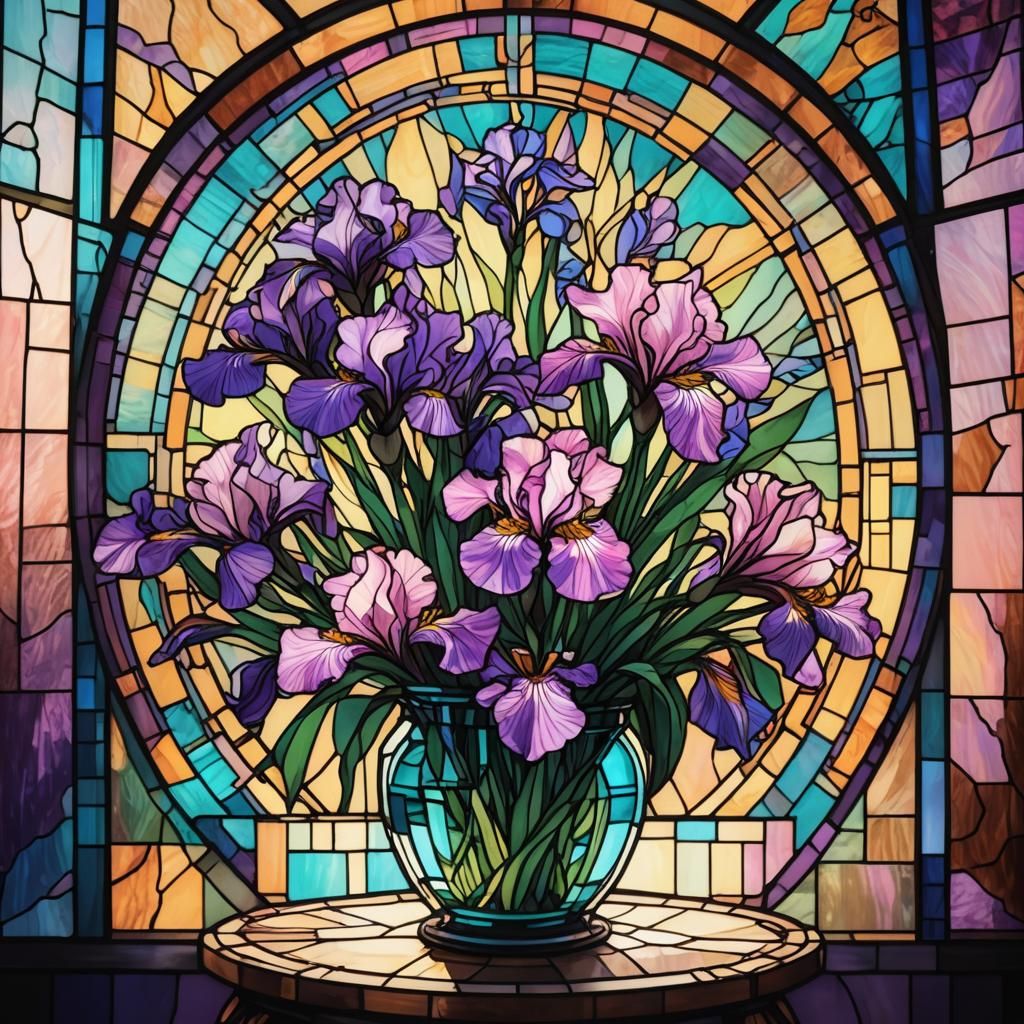 Iris Flowers by Stained Glass in Synthwave Style
