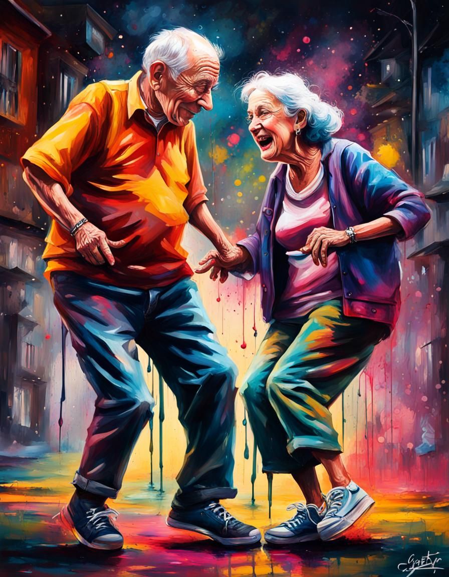 Colorful Graffiti Portrait of Dancing Elderly Couple