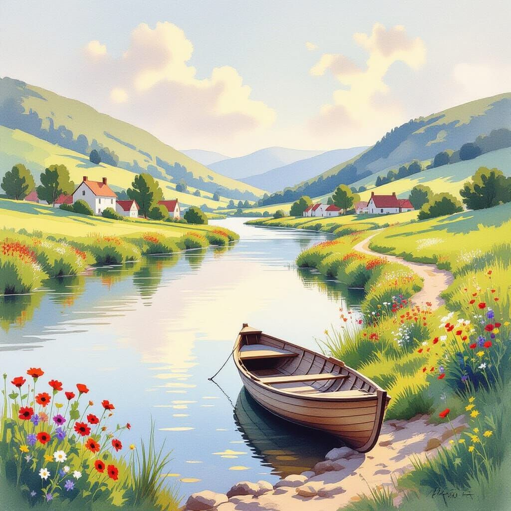 Watercolor Valley River Scene with Houses and Flowers