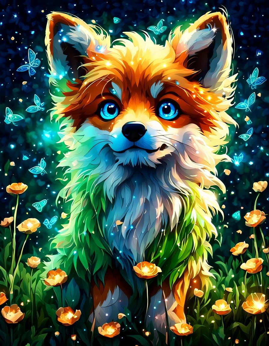 Adorable Puppy with Fireflies in Hyperrealistic Style