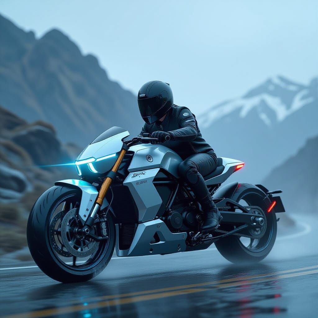 Futuristic Motorcycle Carving Through Misty Mountains