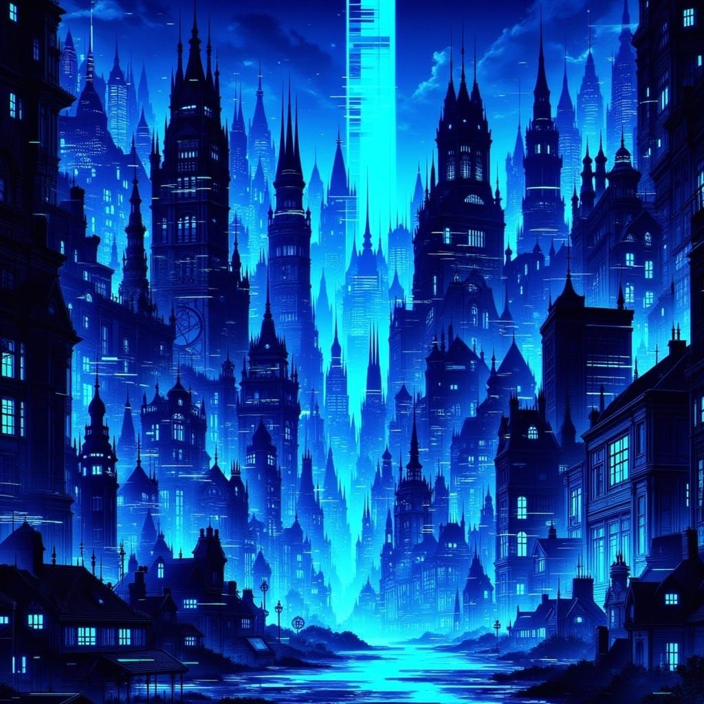 Electric Blue Cityscape in Cyberpunk Style