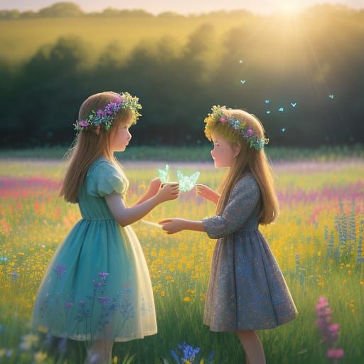 Children and Bioluminescent Butterflies in Impressionistic M...