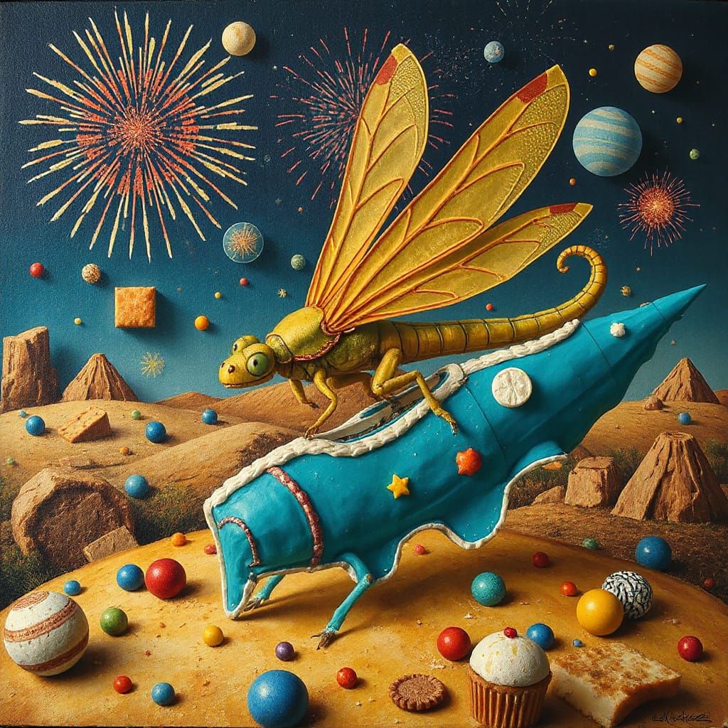 Dragonfly Lands on Cheesecake Spaceship Amidst Blue Firework...