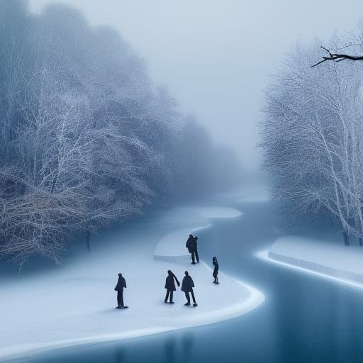 Winter Landscape with Ice Skaters in Watercolour Style