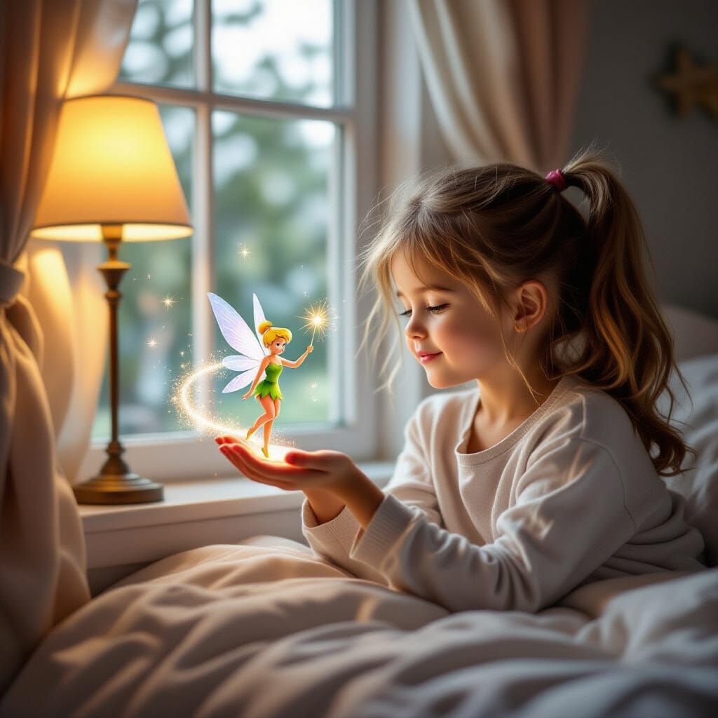 Girl with Fairy in Cozy Bedroom, Photorealistic Style