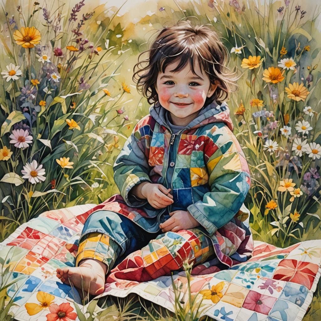 Toddler in Meadow with Quilt, Watercolor Art