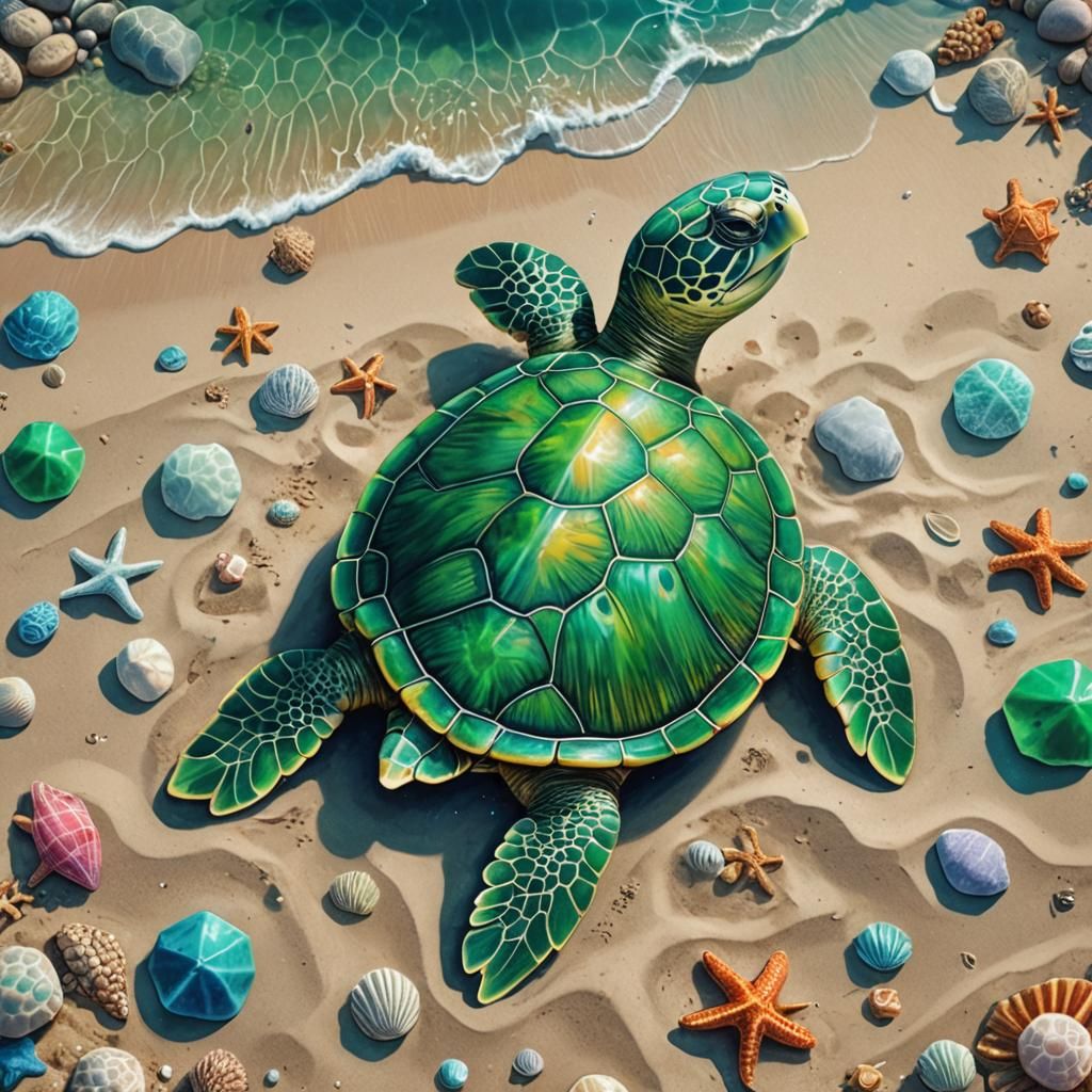 Green Turtle on Beach: Cosmic Holographic Illustration