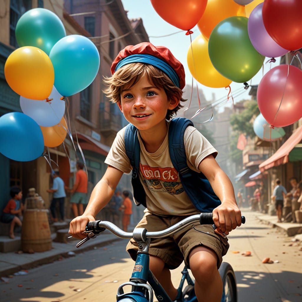 Joyful Boy Rides New Tricycle with Balloons on Sunny Day