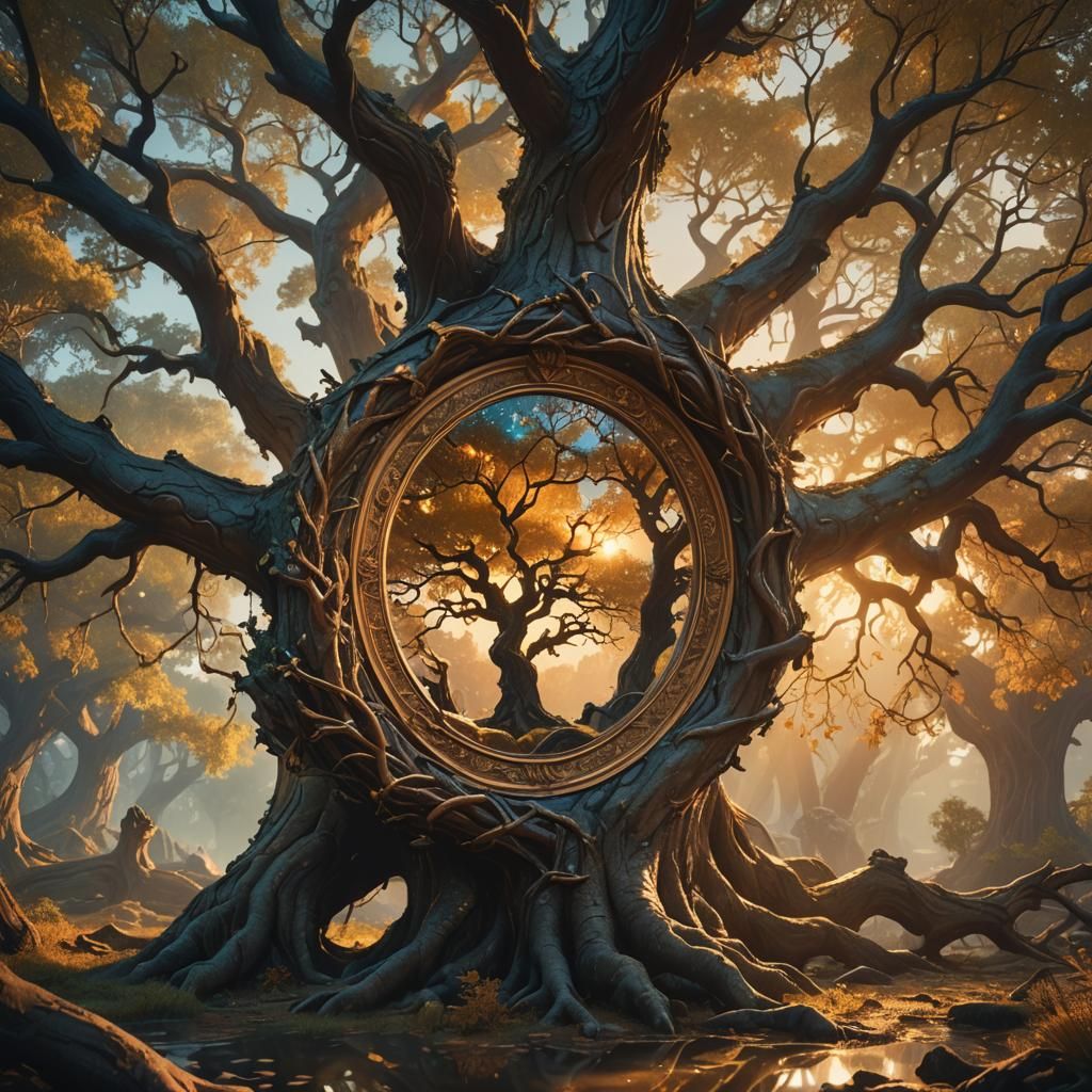 Ornate Mirror Suspended in Ancient Tree Branches