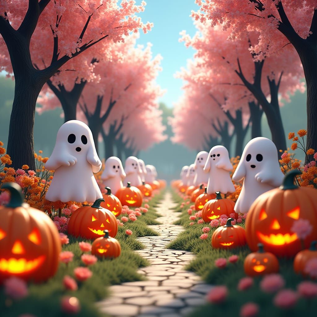 Spring Scene with Ghosts: 3D Anime Art