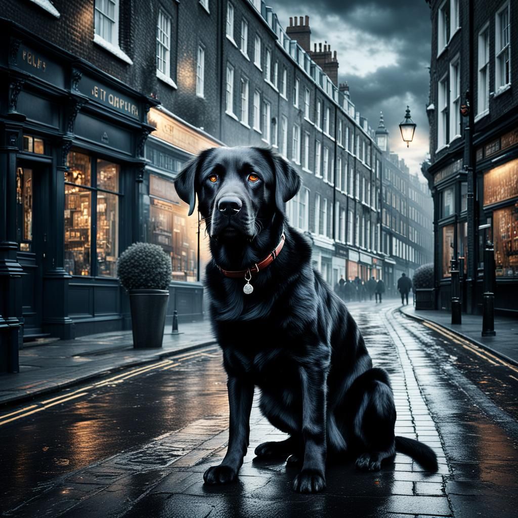 Stray Black Labrador in London: Digital Matte Painting