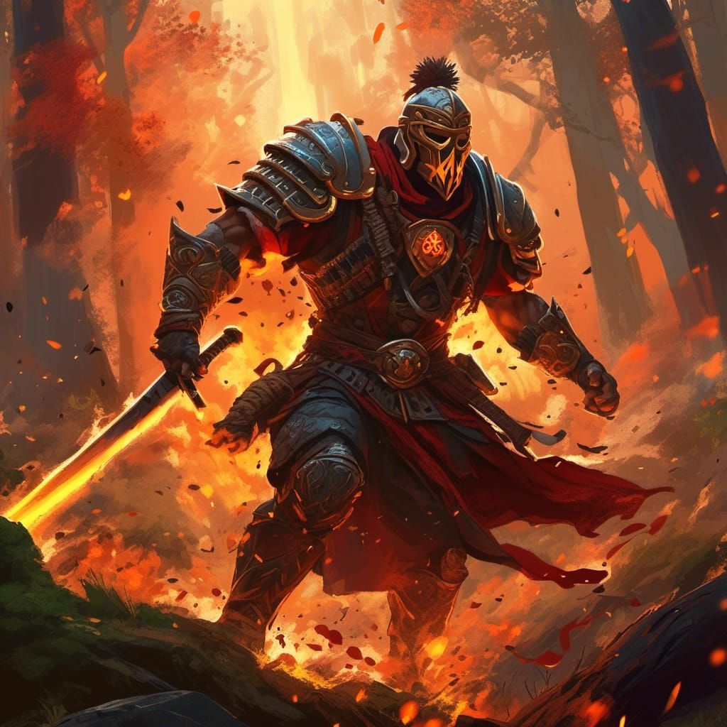 Warrior in Burning Forest: Explosive Digital Art