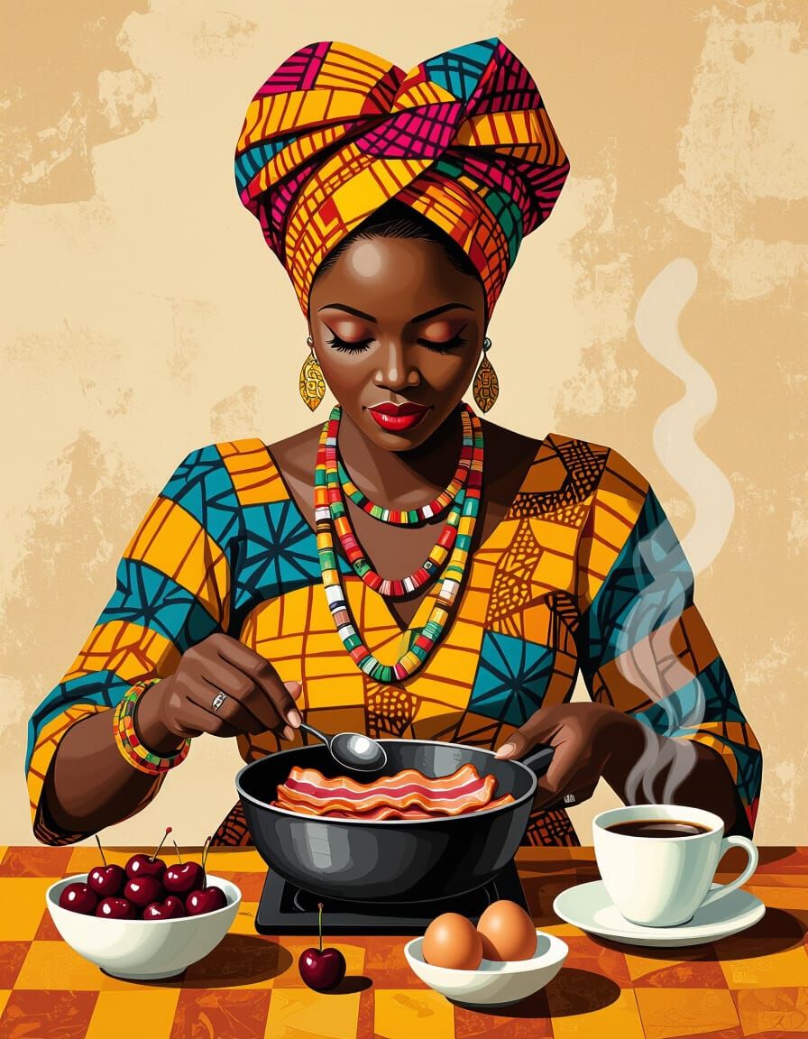 African Queen Cooks Breakfast in Contemporary African Art St...