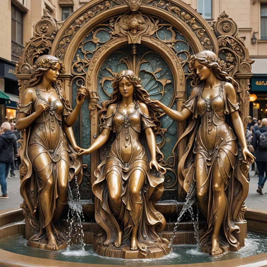 Art Nouveau Fountain with Alphonse Mucha Figures