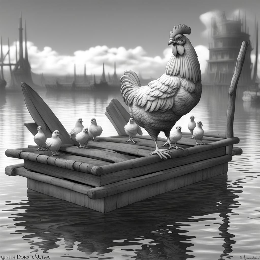 Chicken on Raft in Firey Biopunk Style
