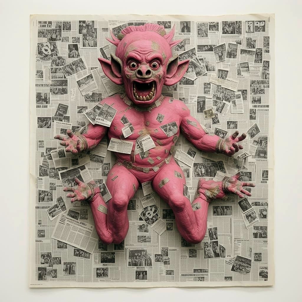 Postmodern Collage: Pig-Men and Newspaper Elements