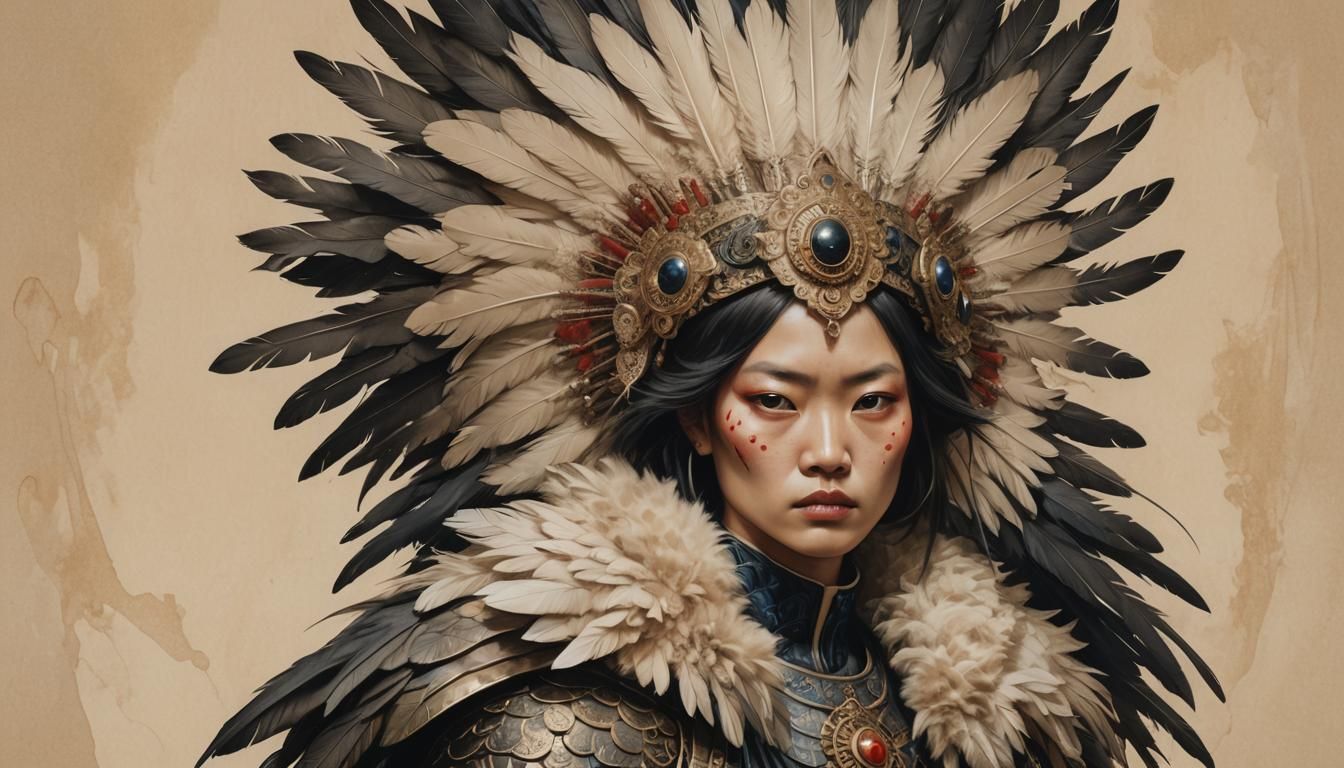 Otherworldly Woman with Feather Hair, in Surrealist Style