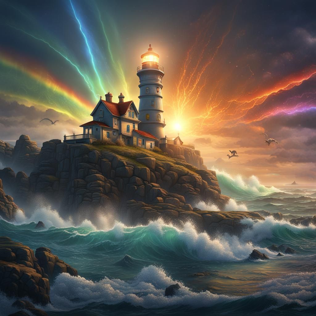 Lighthouse at Rainbow Sea: Detailed Fantasy Art