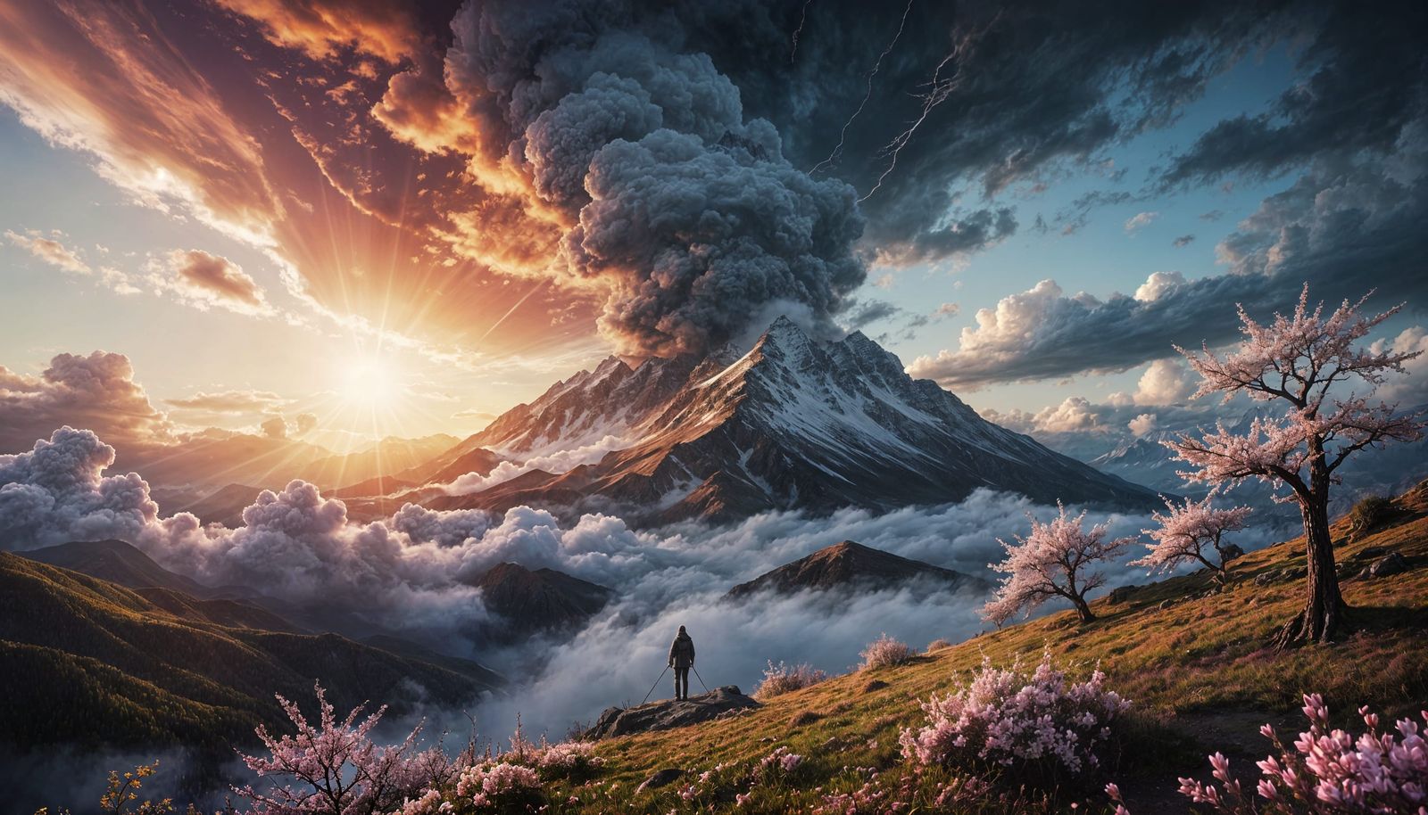 Surreal Stormy Mountain Sunset in Fantasy Landscape
