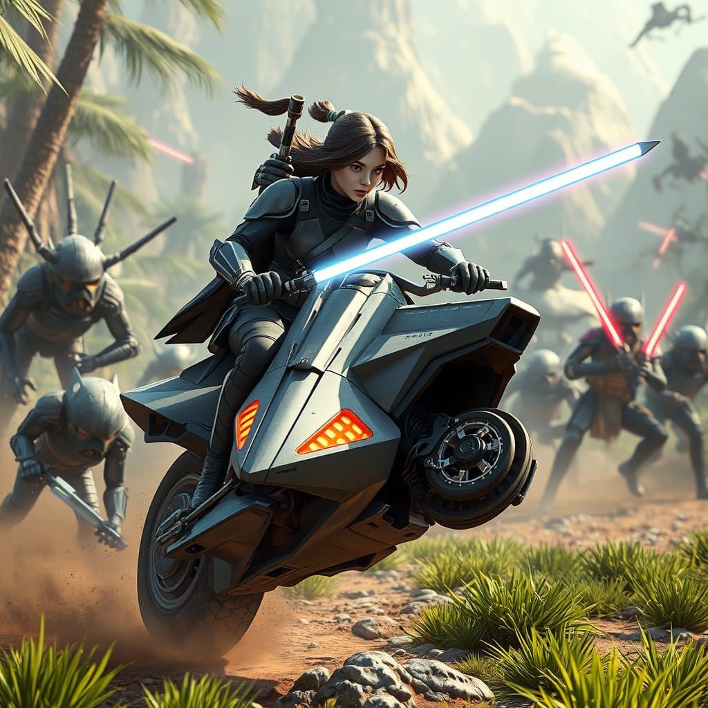 Jedi Defends Kashyyyk on Speeder Bike in 3D Anime Style