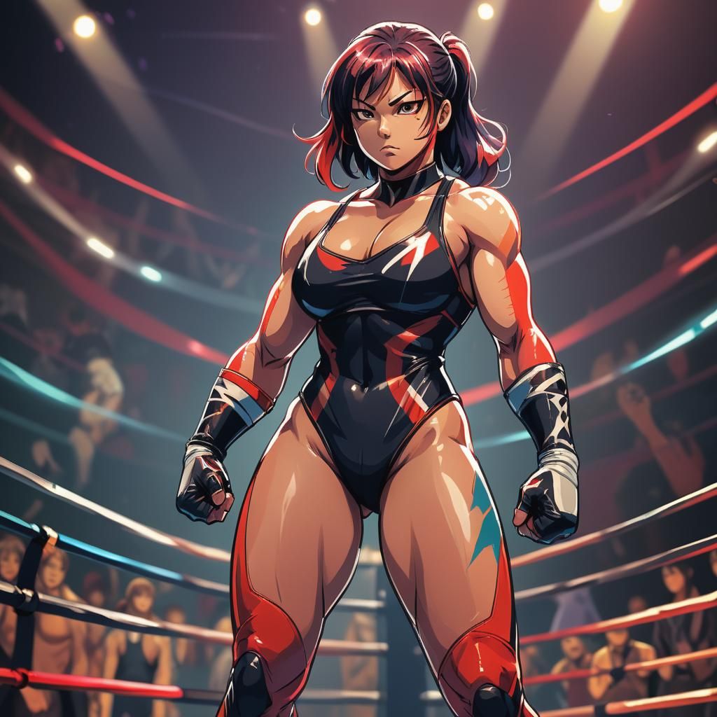 Confident Anime Female Pro Wrestler in Ring