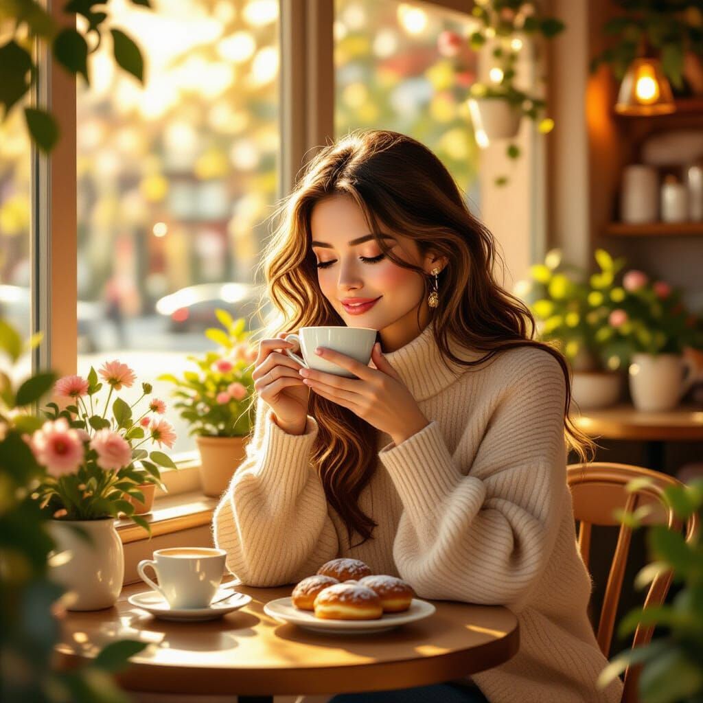 Woman Enjoys Sunrise in Cozy Cafe, Whimsical Art Style