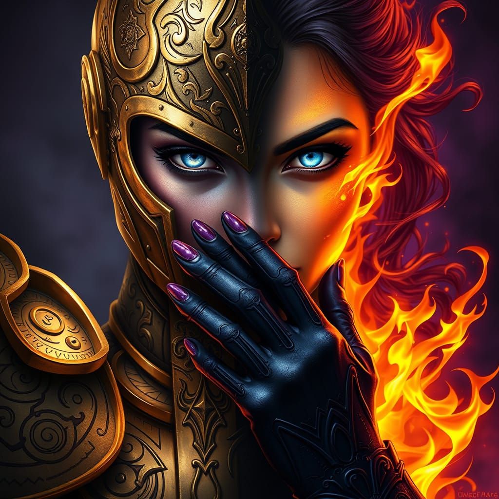 portrait captures a mystical woman with a dual nature. Half of their visage is graced with elaborate golden armor, etche...