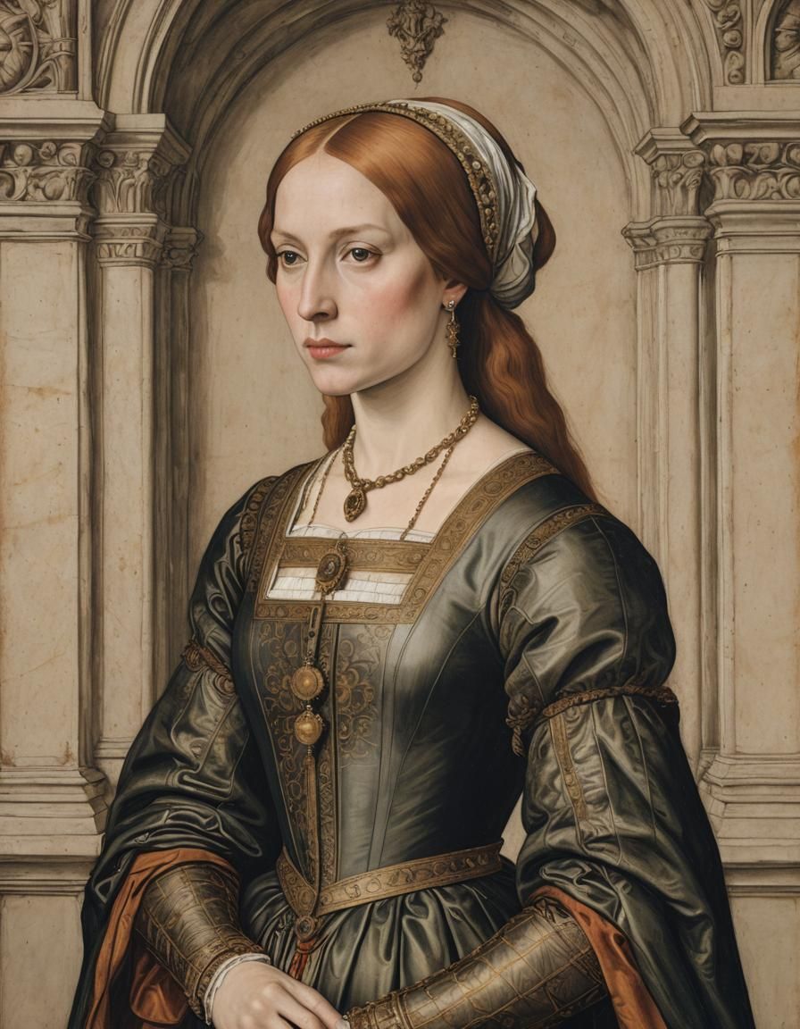 A beautiful Young Noble Renaissance woman in a castle, Half body portrait in the style of Hans Holbein the Younger