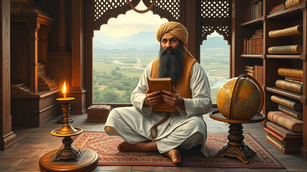 Ancient Indian Scholar's Geography Study in Golden Light