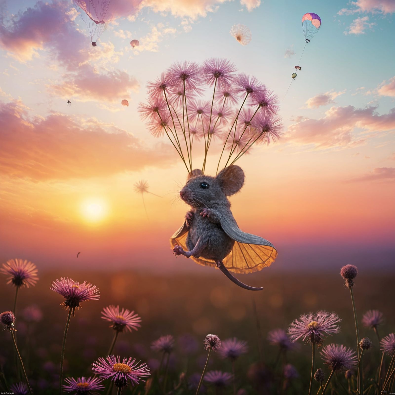 Surreal Mouse in Whimsical Evening Sky